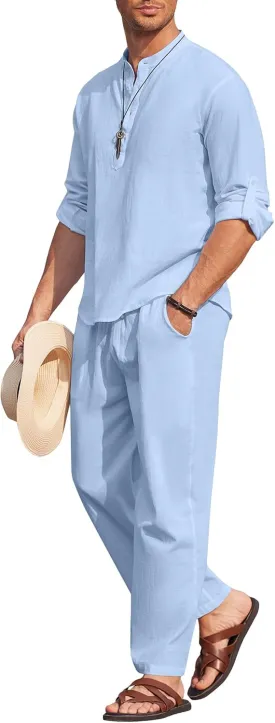 COOFANDY Men's 2 Pieces Cotton Linen Set Long Sleeve Henley Shirts Casual Beach Pants With Pockets Summer Yoga Outfits COOFANDY Men's 2 Pieces Cotton Linen Set Long Sleeve Henley Shirts Casual Beach Pants With Pockets Summer Yoga Outfits