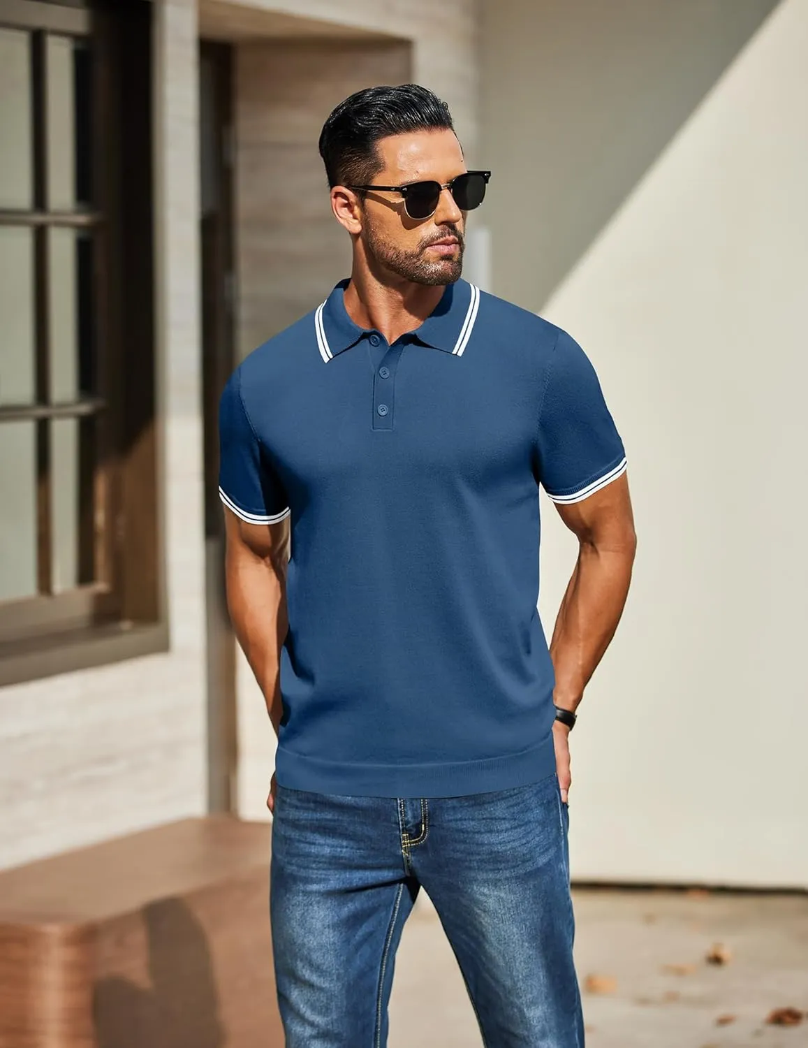 COOFANDY Men's Knit Polo Shirts Short Sleeve Casual Button Golf Polo Shirts Collared T Shirt