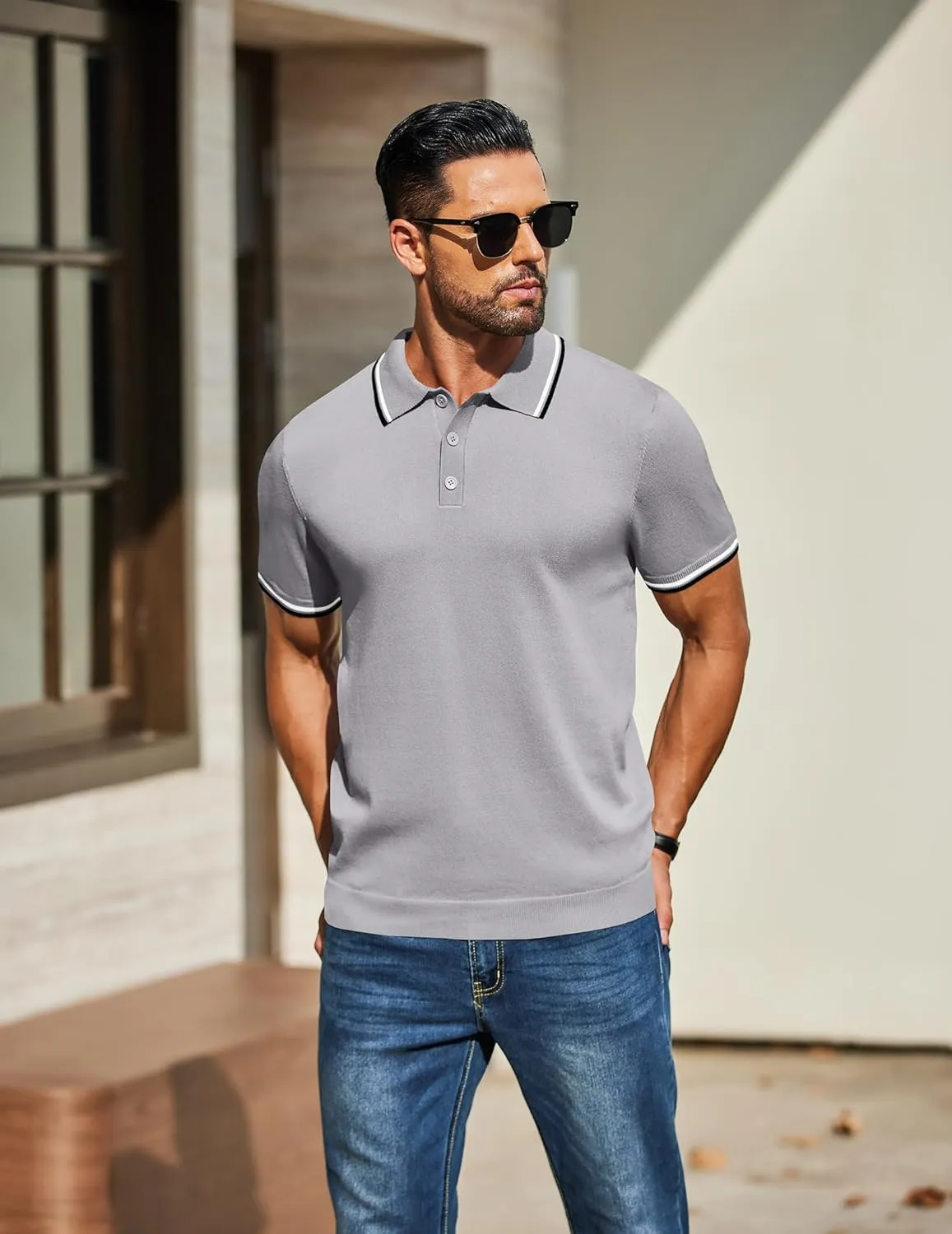 COOFANDY Men's Knit Polo Shirts Short Sleeve Casual Button Golf Polo Shirts Collared T Shirt