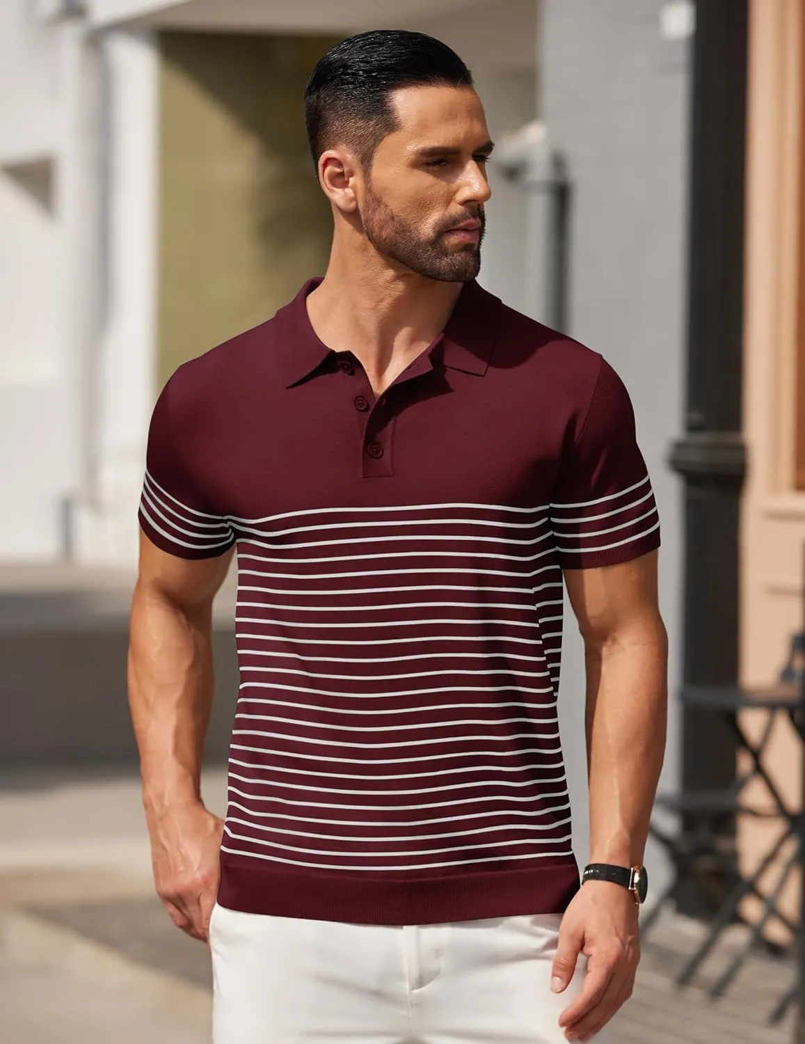 COOFANDY Men's Knit Polo Shirts Short Sleeve Striped Golf Polo Shirts Lightweight Casual Collared T Shirt
