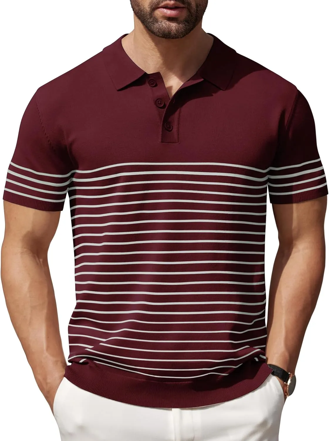 COOFANDY Men's Knit Polo Shirts Short Sleeve Striped Golf Polo Shirts Lightweight Casual Collared T Shirt