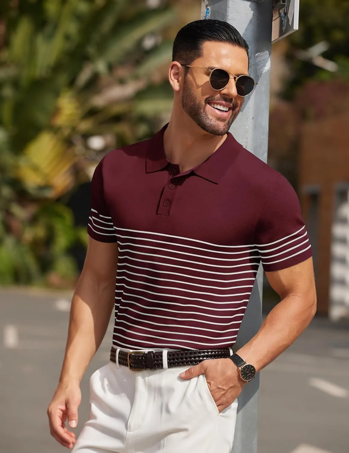 COOFANDY Men's Knit Polo Shirts Short Sleeve Striped Golf Polo Shirts Lightweight Casual Collared T Shirt