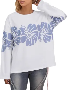 Cotton Oversized Hibiscus Tee Shirt for Women Floral Graphic Hawaiian T Shirts Casual Summer Vacation Loose Tops