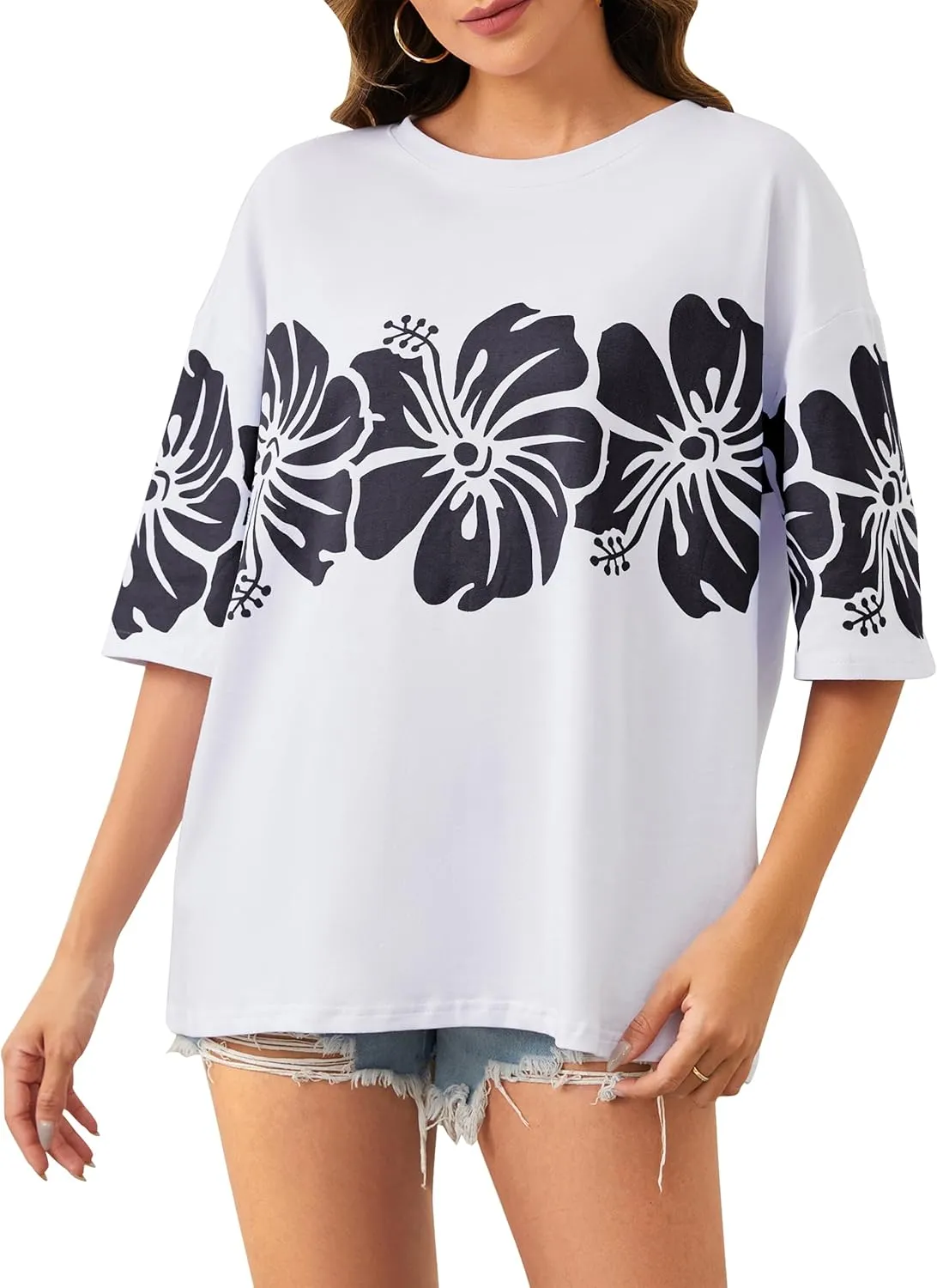 Cotton Oversized Hibiscus Tee Shirt for Women Floral Graphic Hawaiian T Shirts Casual Summer Vacation Loose Tops