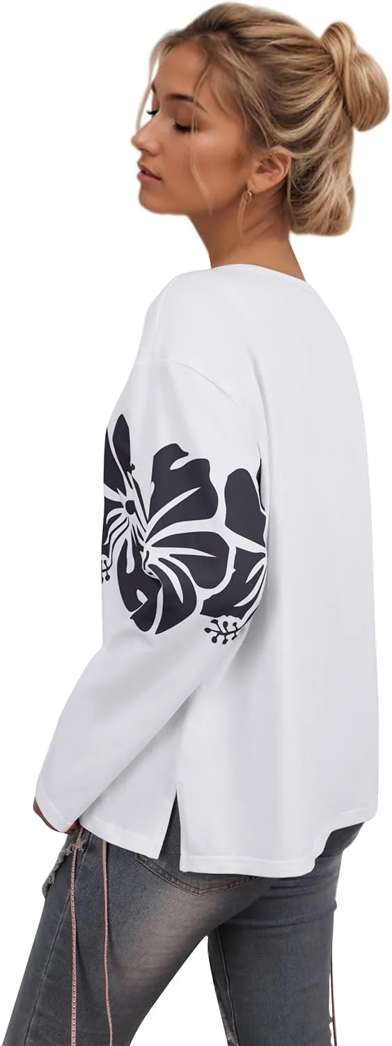 Cotton Oversized Hibiscus Tee Shirt for Women Floral Graphic Hawaiian T Shirts Casual Summer Vacation Loose Tops