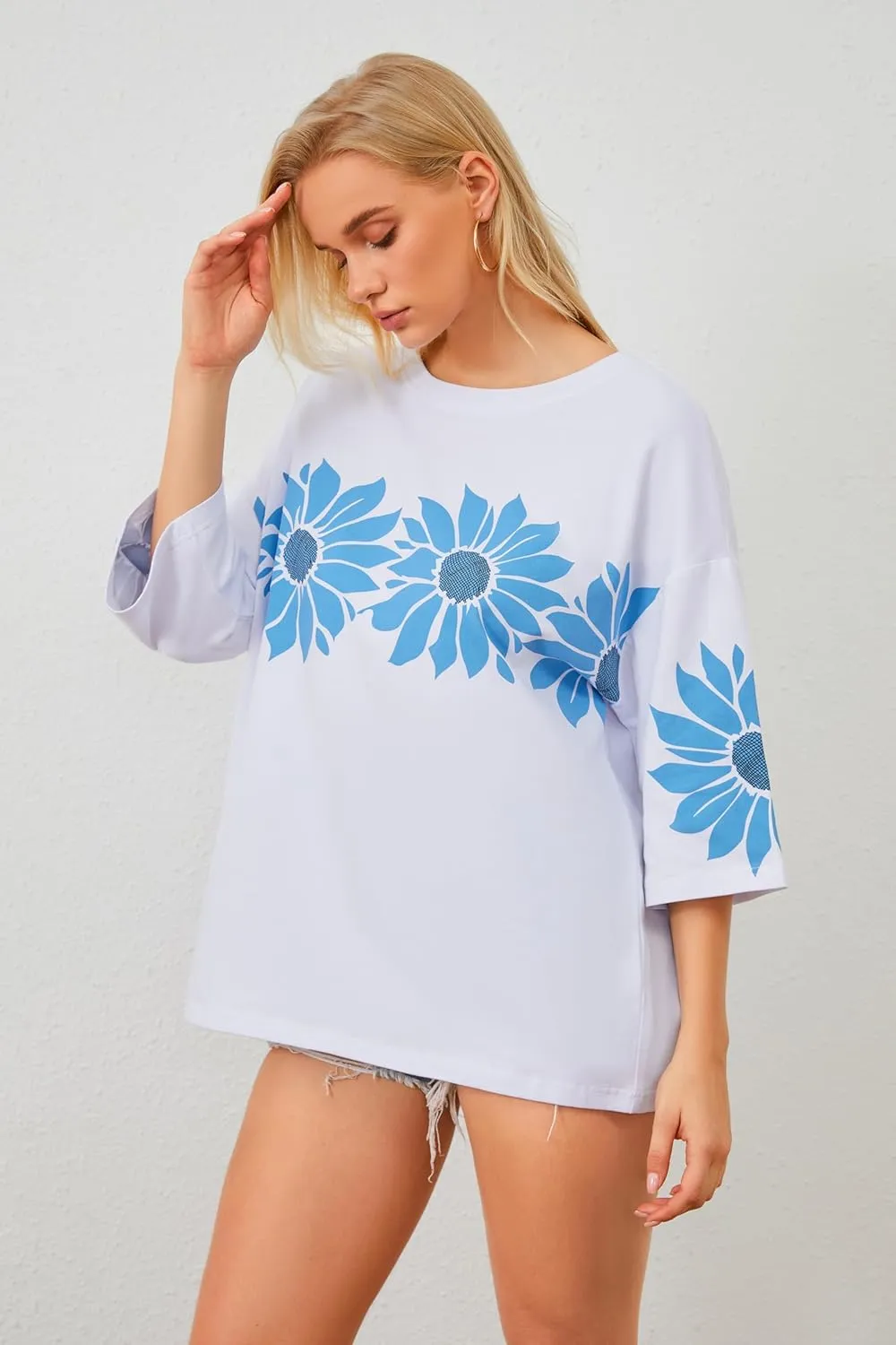 Cotton Oversized Hibiscus Tee Shirt for Women Floral Graphic Hawaiian T Shirts Casual Summer Vacation Loose Tops