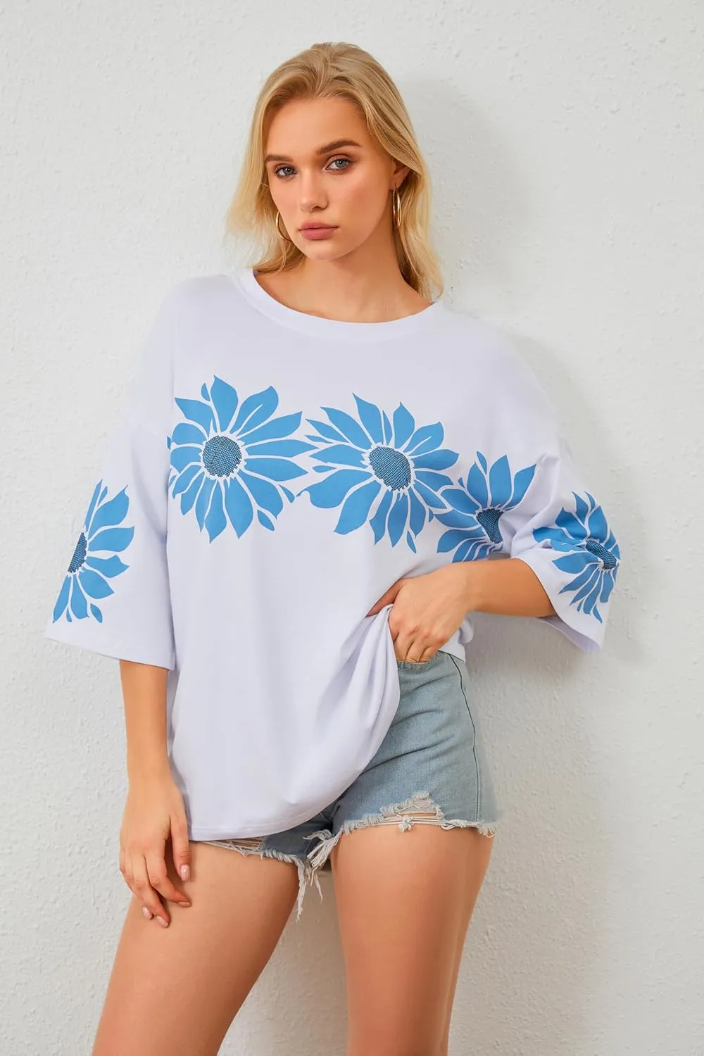Cotton Oversized Hibiscus Tee Shirt for Women Floral Graphic Hawaiian T Shirts Casual Summer Vacation Loose Tops