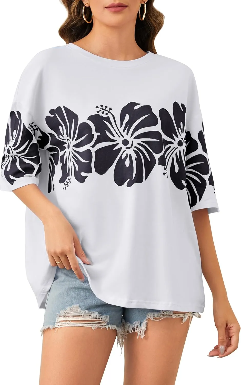 Cotton Oversized Hibiscus Tee Shirt for Women Floral Graphic Hawaiian T Shirts Casual Summer Vacation Loose Tops