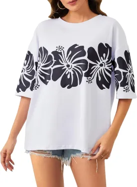Cotton Oversized Hibiscus Tee Shirt for Women Floral Graphic Hawaiian T Shirts Casual Summer Vacation Loose Tops