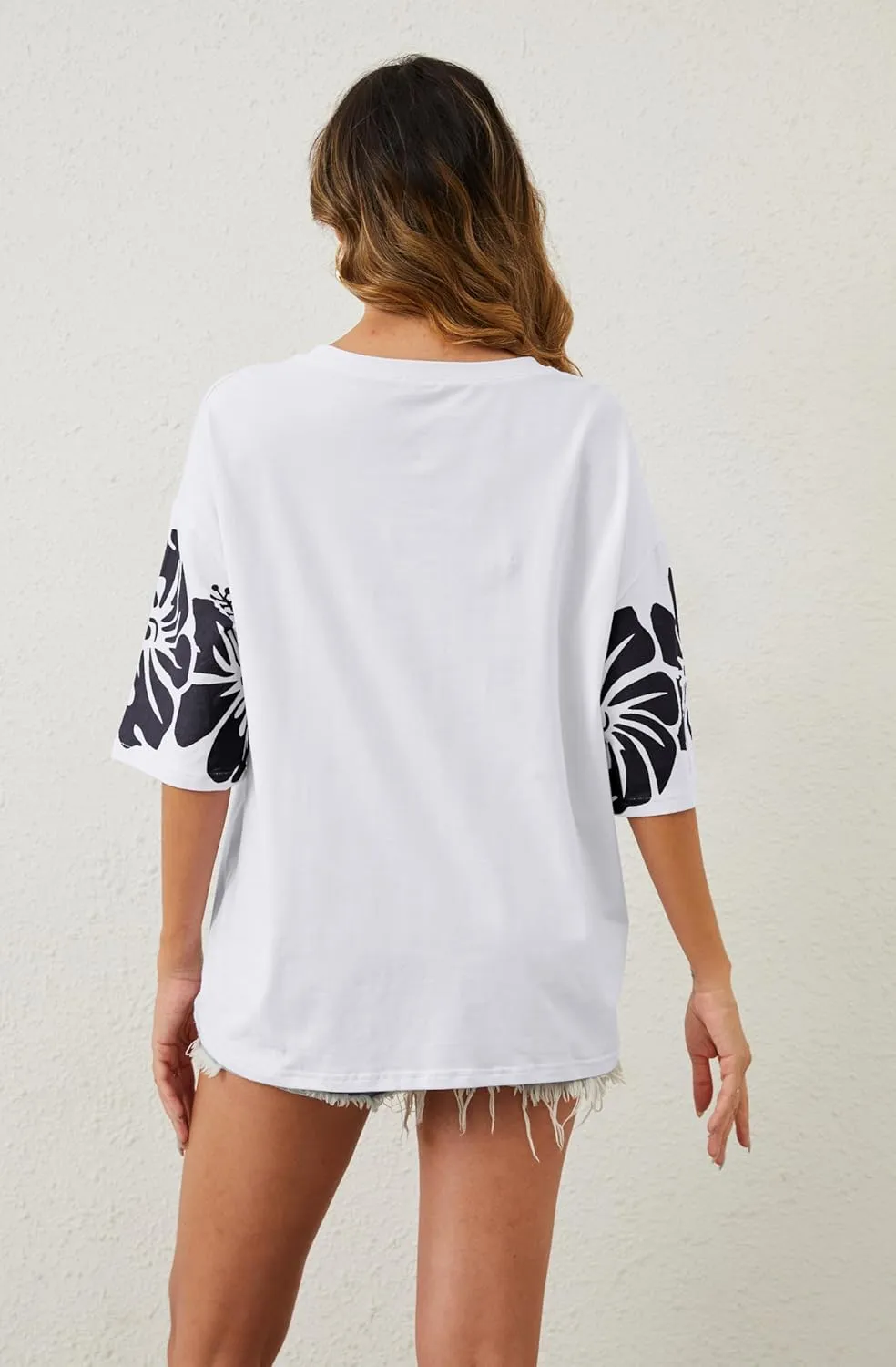 Cotton Oversized Hibiscus Tee Shirt for Women Floral Graphic Hawaiian T Shirts Casual Summer Vacation Loose Tops