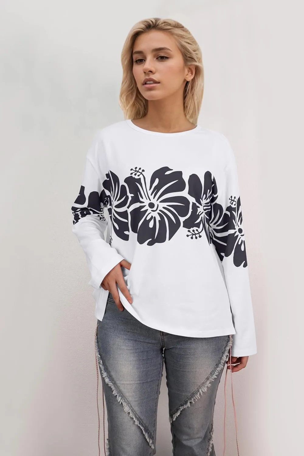 Cotton Oversized Hibiscus Tee Shirt for Women Floral Graphic Hawaiian T Shirts Casual Summer Vacation Loose Tops