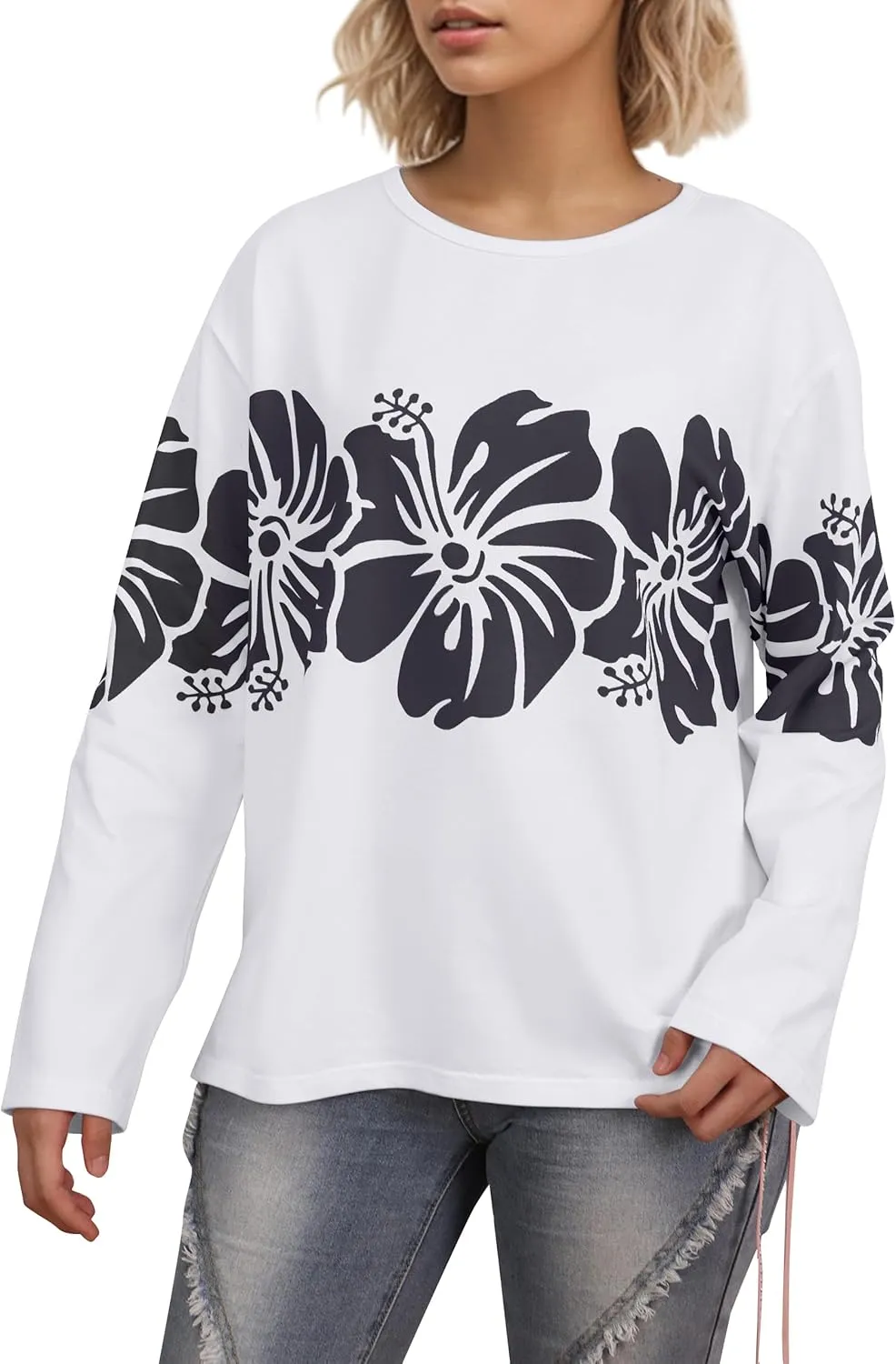 Cotton Oversized Hibiscus Tee Shirt for Women Floral Graphic Hawaiian T Shirts Casual Summer Vacation Loose Tops