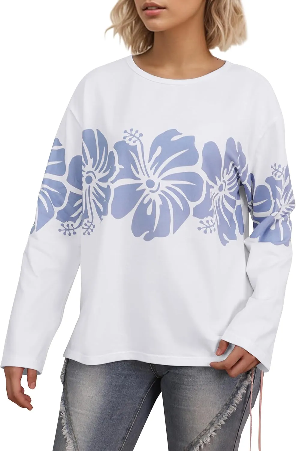 Cotton Oversized Hibiscus Tee Shirt for Women Floral Graphic Hawaiian T Shirts Casual Summer Vacation Loose Tops