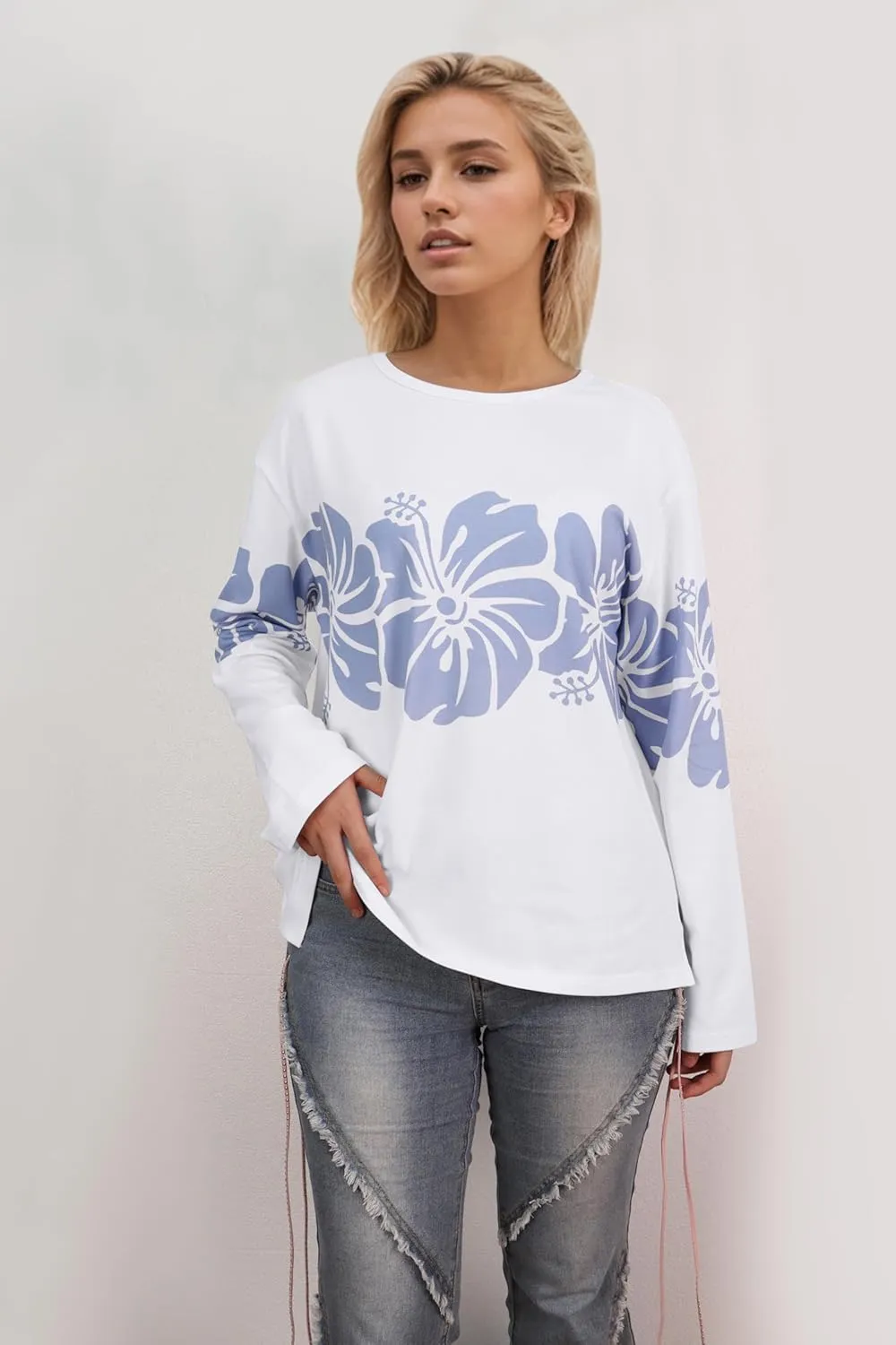 Cotton Oversized Hibiscus Tee Shirt for Women Floral Graphic Hawaiian T Shirts Casual Summer Vacation Loose Tops