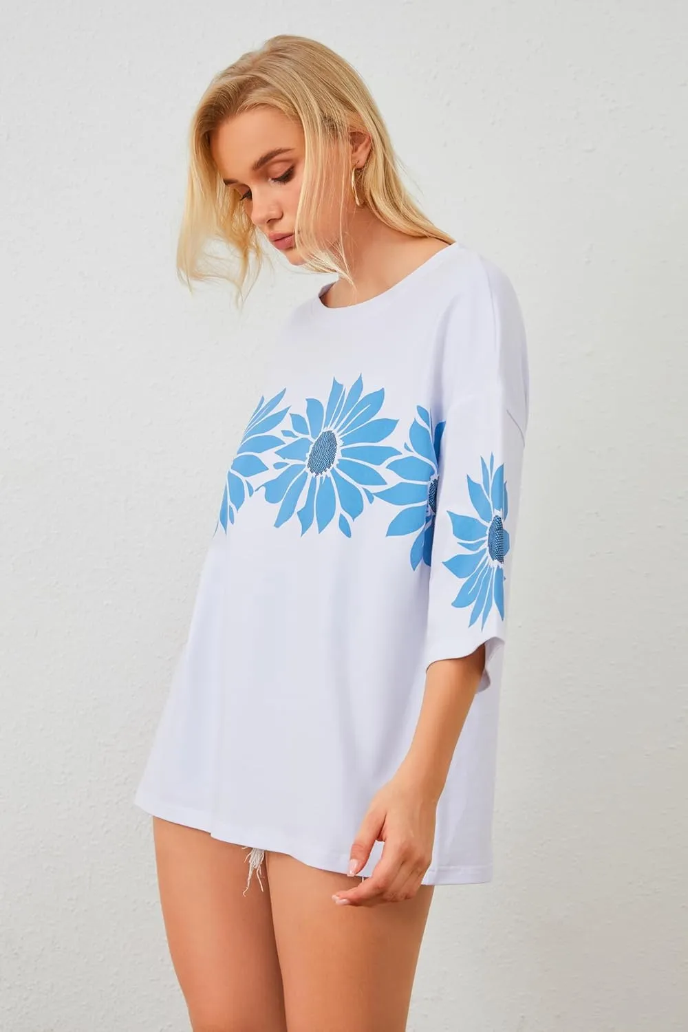 Cotton Oversized Hibiscus Tee Shirt for Women Floral Graphic Hawaiian T Shirts Casual Summer Vacation Loose Tops