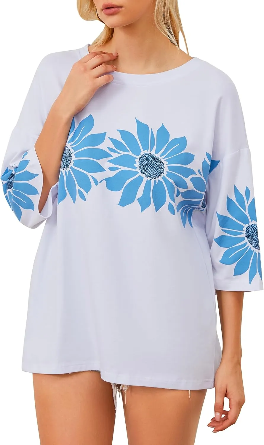 Cotton Oversized Hibiscus Tee Shirt for Women Floral Graphic Hawaiian T Shirts Casual Summer Vacation Loose Tops
