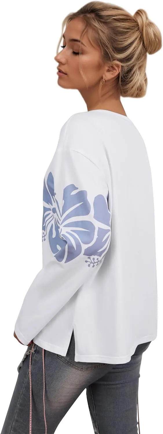 Cotton Oversized Hibiscus Tee Shirt for Women Floral Graphic Hawaiian T Shirts Casual Summer Vacation Loose Tops