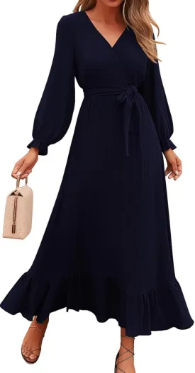 Dresses for Women Long Sleeve V Neck Swiss Dots Maxi Dress Boho Long Dress High Waisted A-Line Ruffle Dress
