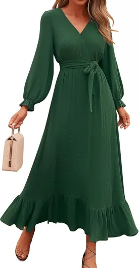 Dresses for Women Long Sleeve V Neck Swiss Dots Maxi Dress Boho Long Dress High Waisted A-Line Ruffle Dress