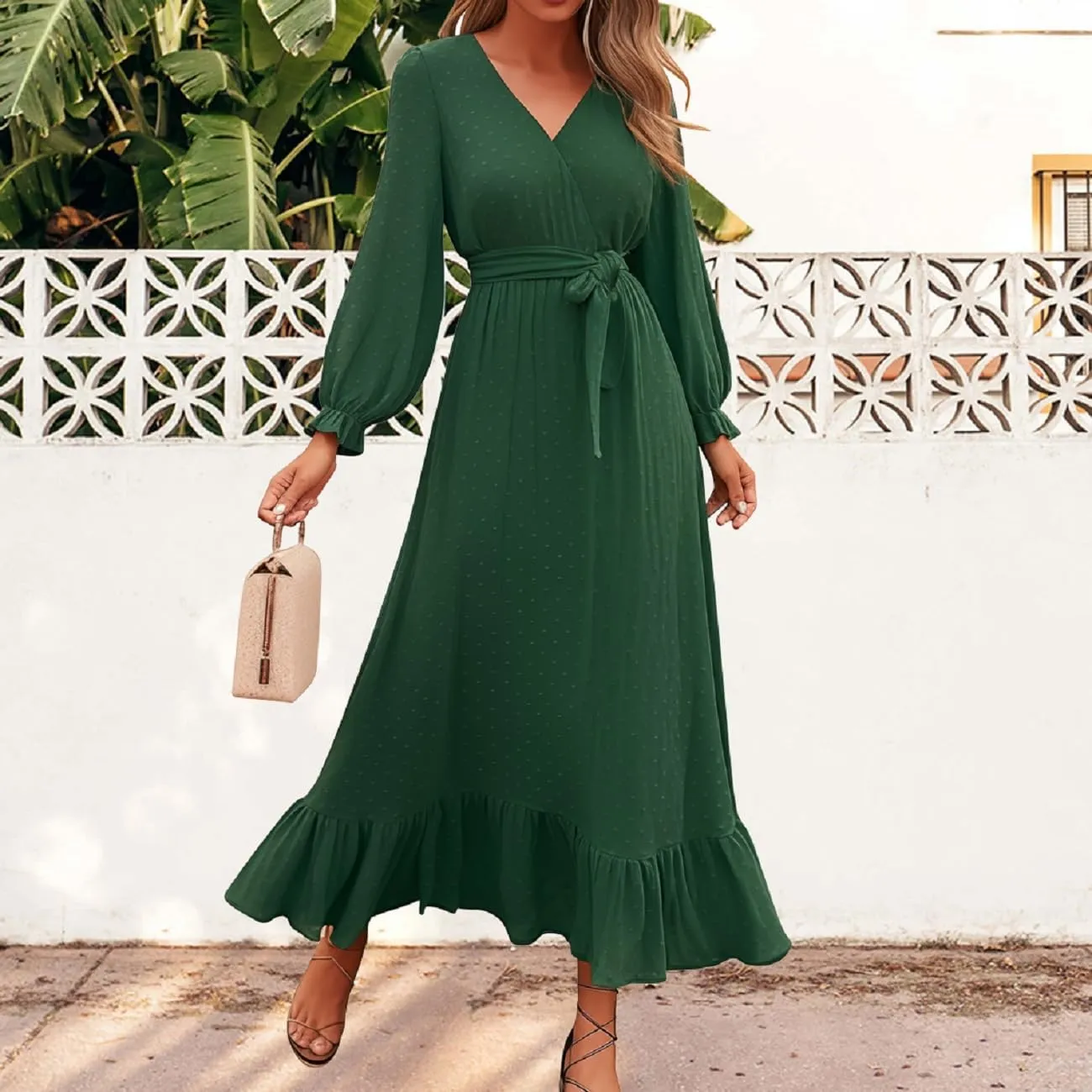 Dresses for Women Long Sleeve V Neck Swiss Dots Maxi Dress Boho Long Dress High Waisted A-Line Ruffle Dress