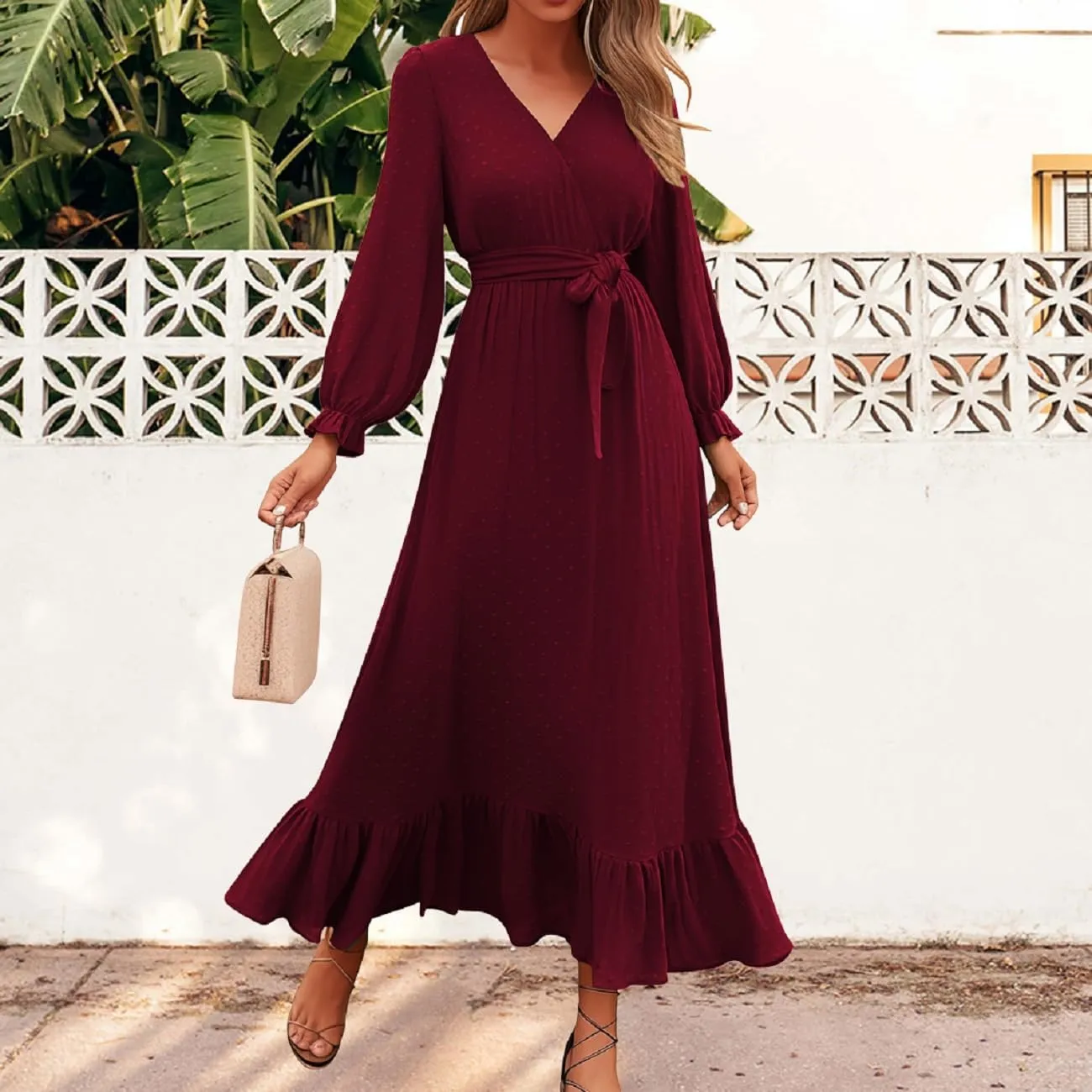 Dresses for Women Long Sleeve V Neck Swiss Dots Maxi Dress Boho Long Dress High Waisted A-Line Ruffle Dress
