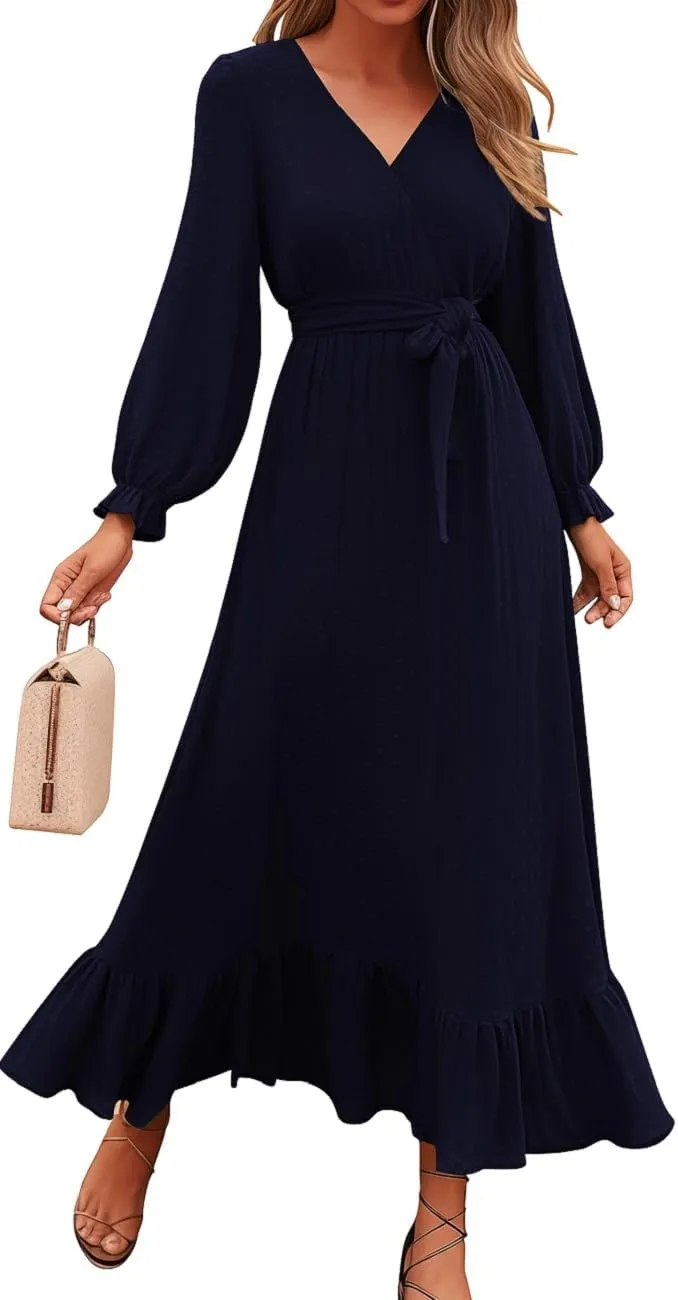 Dresses for Women Long Sleeve V Neck Swiss Dots Maxi Dress Boho Long Dress High Waisted A-Line Ruffle Dress