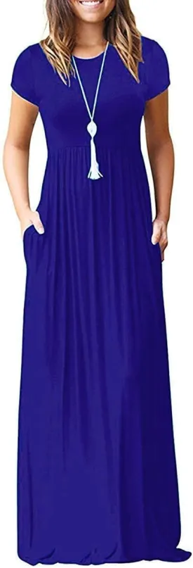 EUOVMY Women's Short Sleeve Loose Plain Maxi Dresses Casual Vacation Long Dresses with Pockets