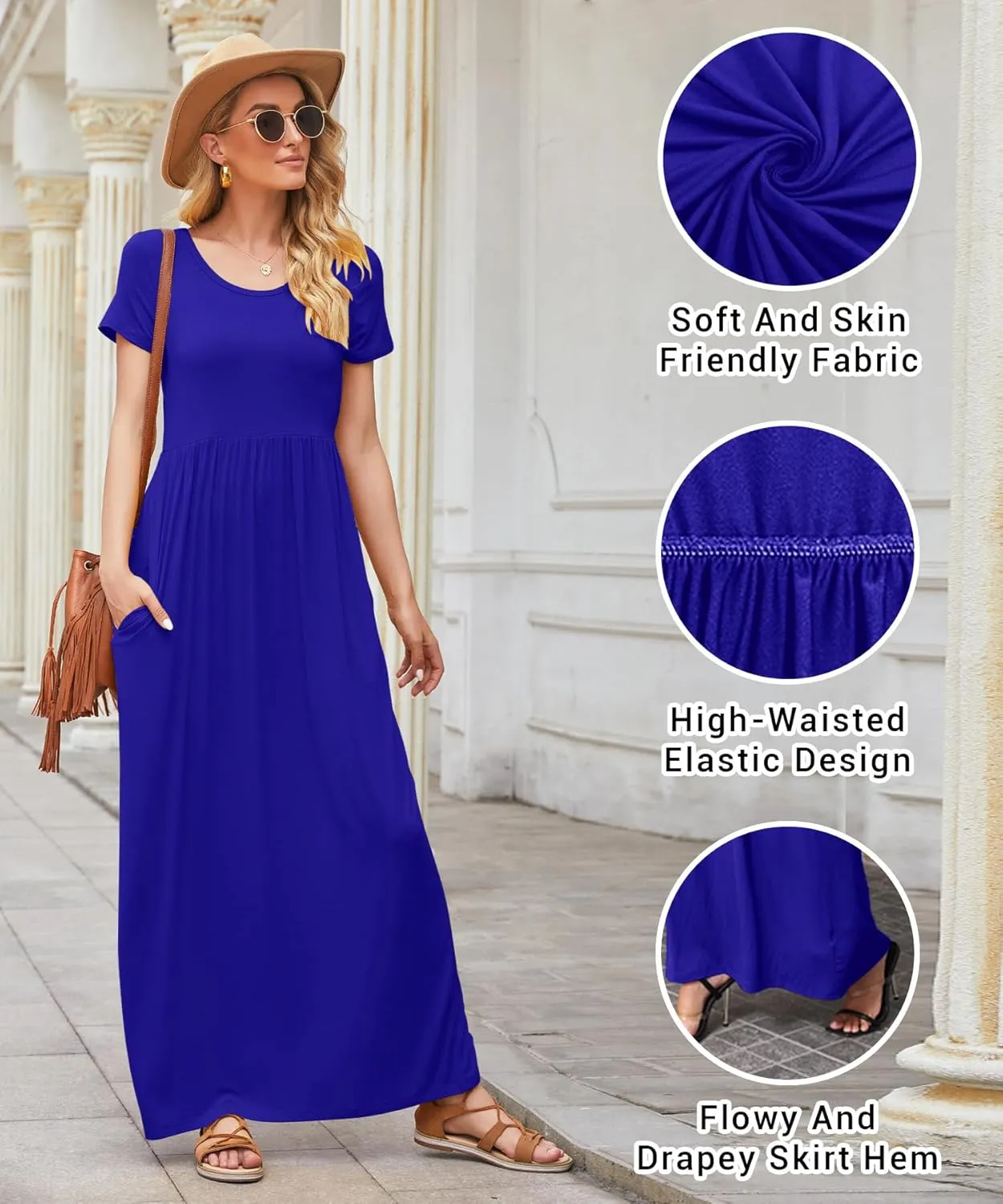 EUOVMY Women's Short Sleeve Loose Plain Maxi Dresses Casual Vacation Long Dresses with Pockets