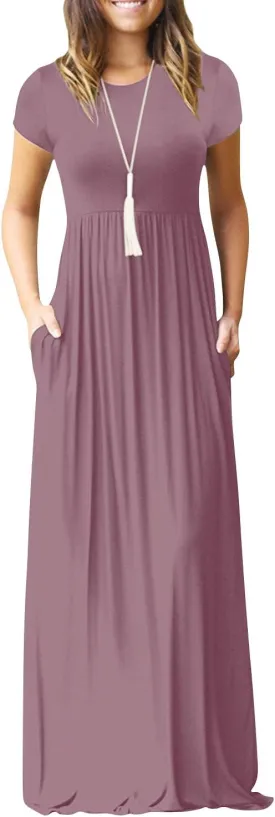 EUOVMY Women's Short Sleeve Loose Plain Maxi Dresses Casual Vacation Long Dresses with Pockets