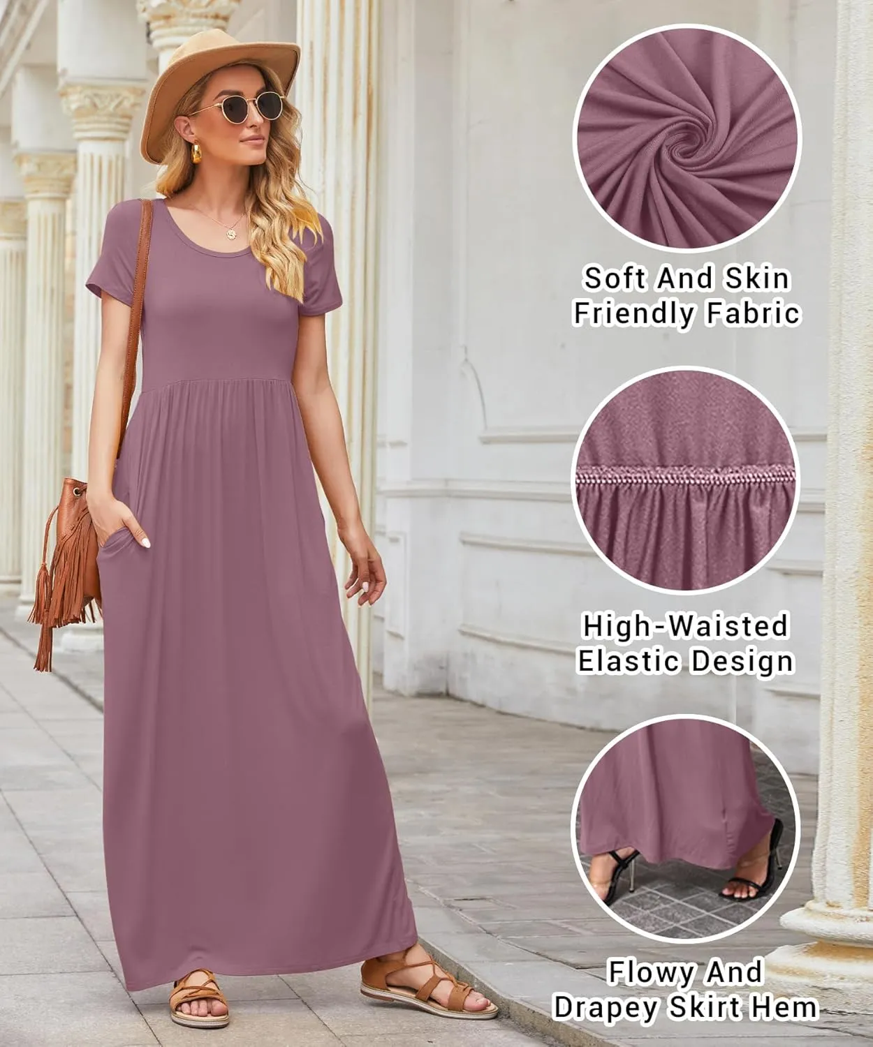 EUOVMY Women's Short Sleeve Loose Plain Maxi Dresses Casual Vacation Long Dresses with Pockets