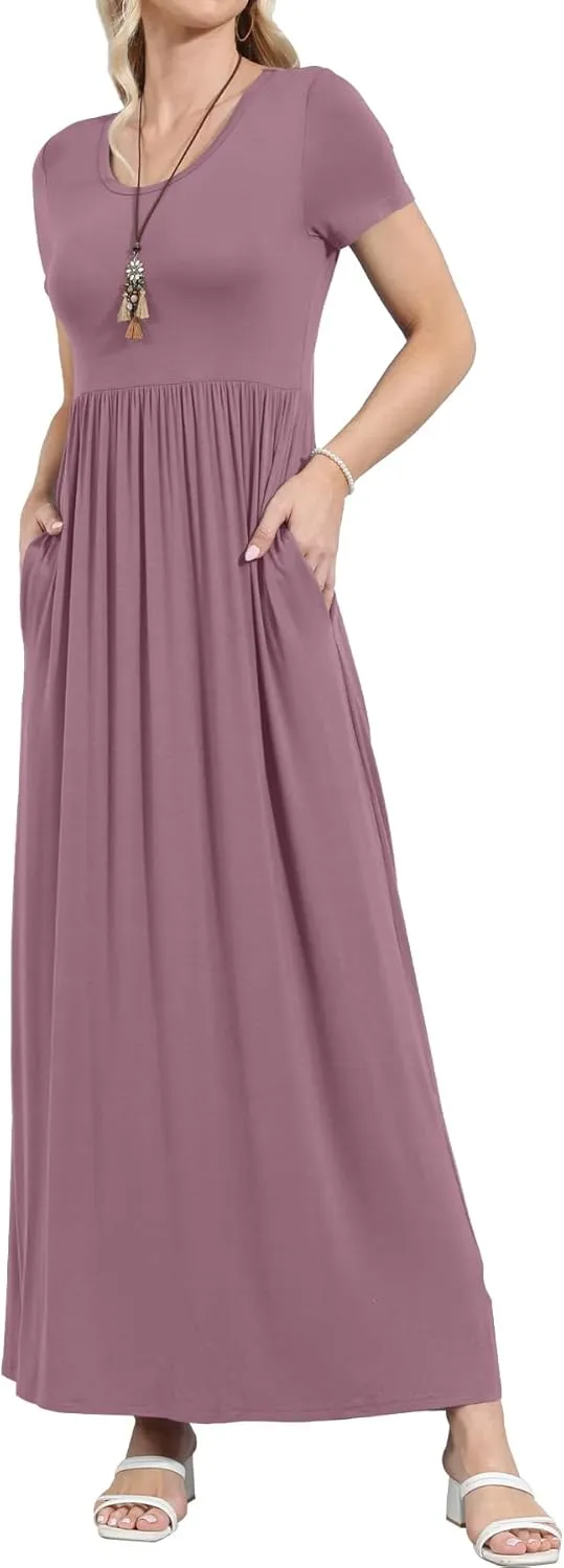EUOVMY Women's Short Sleeve Loose Plain Maxi Dresses Casual Vacation Long Dresses with Pockets