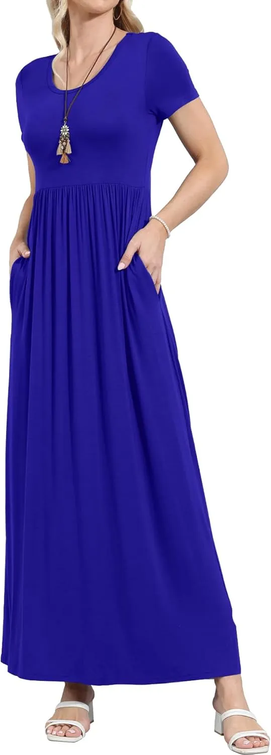 EUOVMY Women's Short Sleeve Loose Plain Maxi Dresses Casual Vacation Long Dresses with Pockets