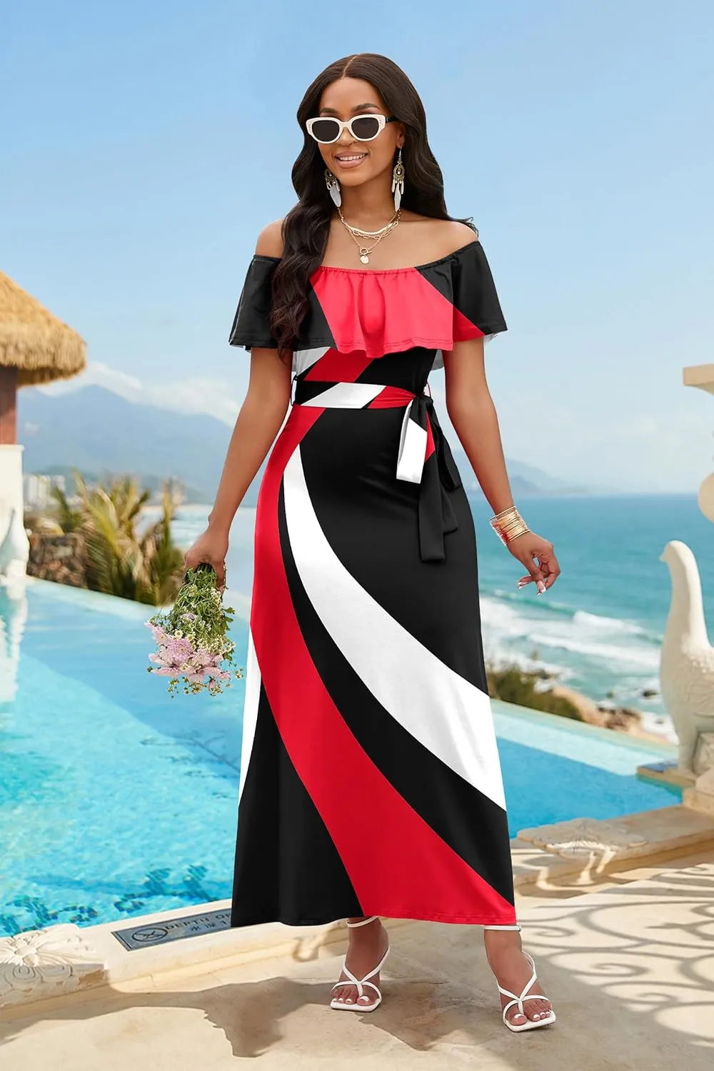 FANDEE Maxi Dress for Women Off The Shoulder Ruffle Floral Print Beach Dress Casual Vacation Waist Tie Summer Long Dress