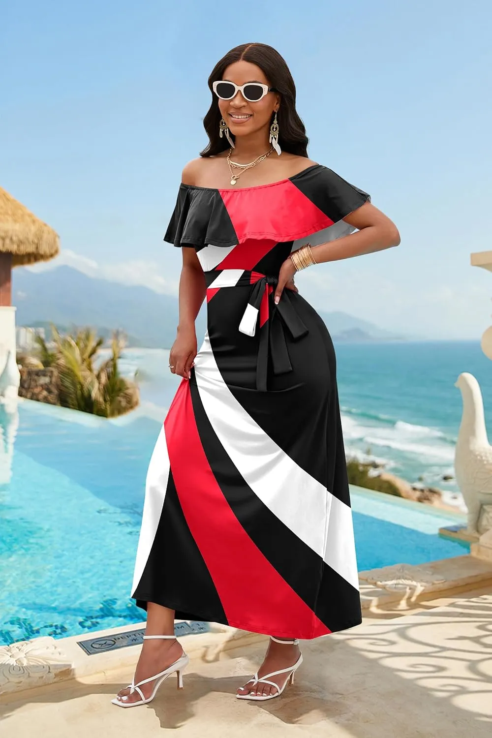 FANDEE Maxi Dress for Women Off The Shoulder Ruffle Floral Print Beach Dress Casual Vacation Waist Tie Summer Long Dress