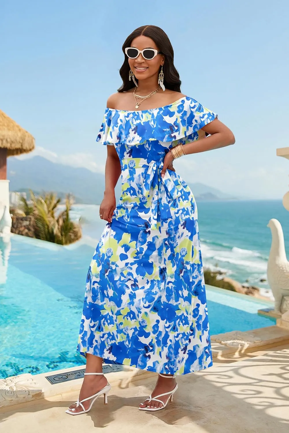 FANDEE Maxi Dress for Women Off The Shoulder Ruffle Floral Print Beach Dress Casual Vacation Waist Tie Summer Long Dress