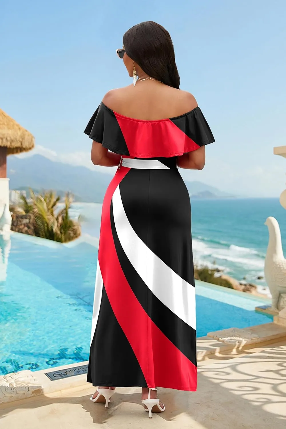 FANDEE Maxi Dress for Women Off The Shoulder Ruffle Floral Print Beach Dress Casual Vacation Waist Tie Summer Long Dress