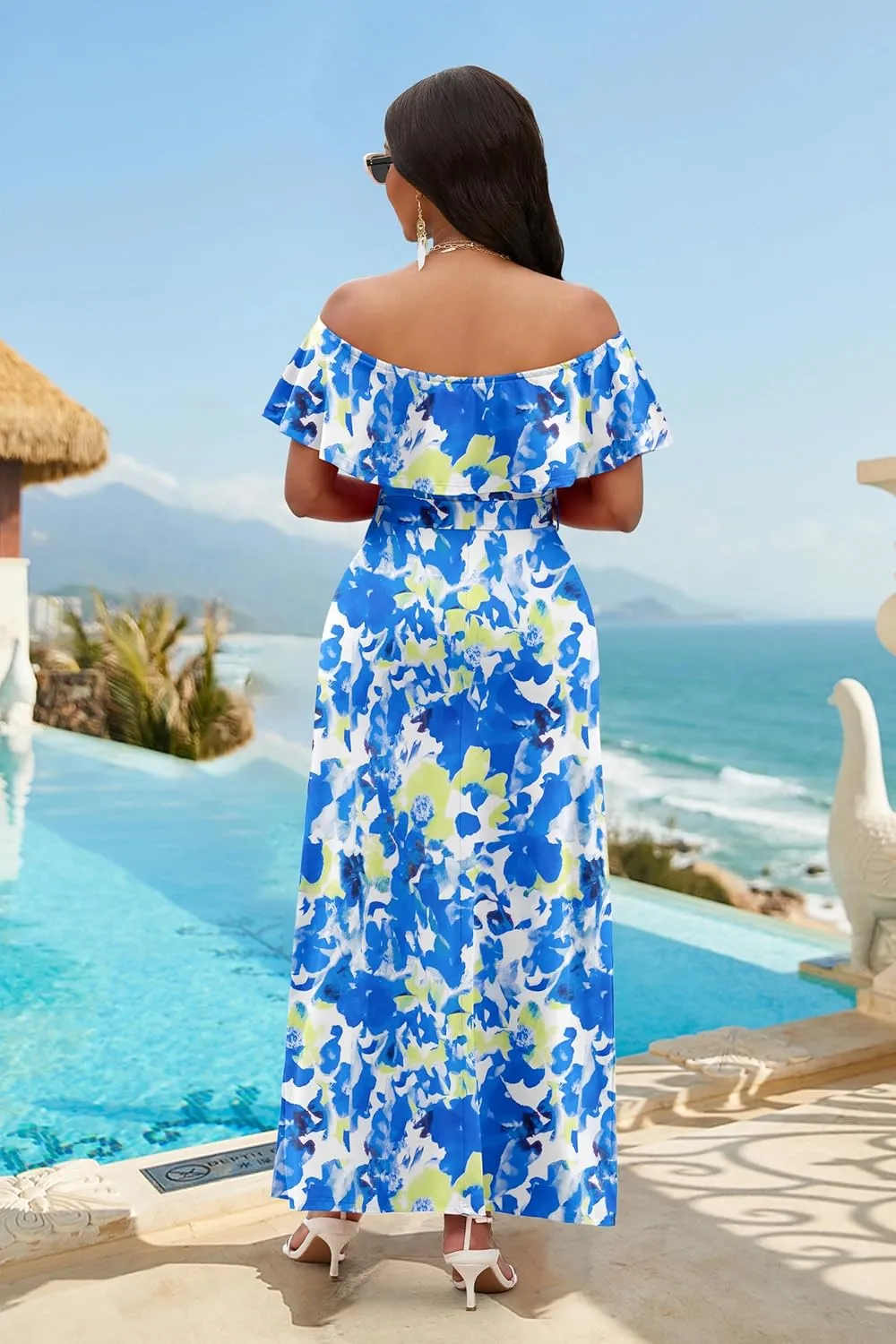 FANDEE Maxi Dress for Women Off The Shoulder Ruffle Floral Print Beach Dress Casual Vacation Waist Tie Summer Long Dress