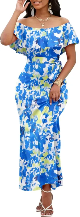 FANDEE Maxi Dress for Women Off The Shoulder Ruffle Floral Print Beach Dress Casual Vacation Waist Tie Summer Long Dress
