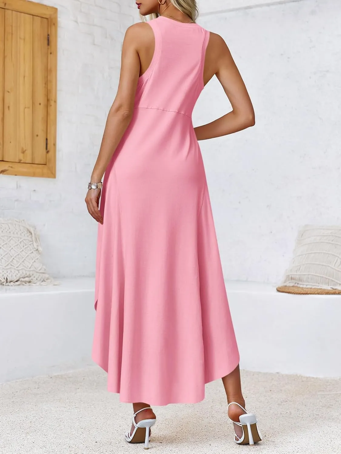 Fisoew Womens Summer Sleeveless Maxi Dress Asymmetrical Hem Crew Neck High Waist A Line Flowy Casual Long Beach Dress