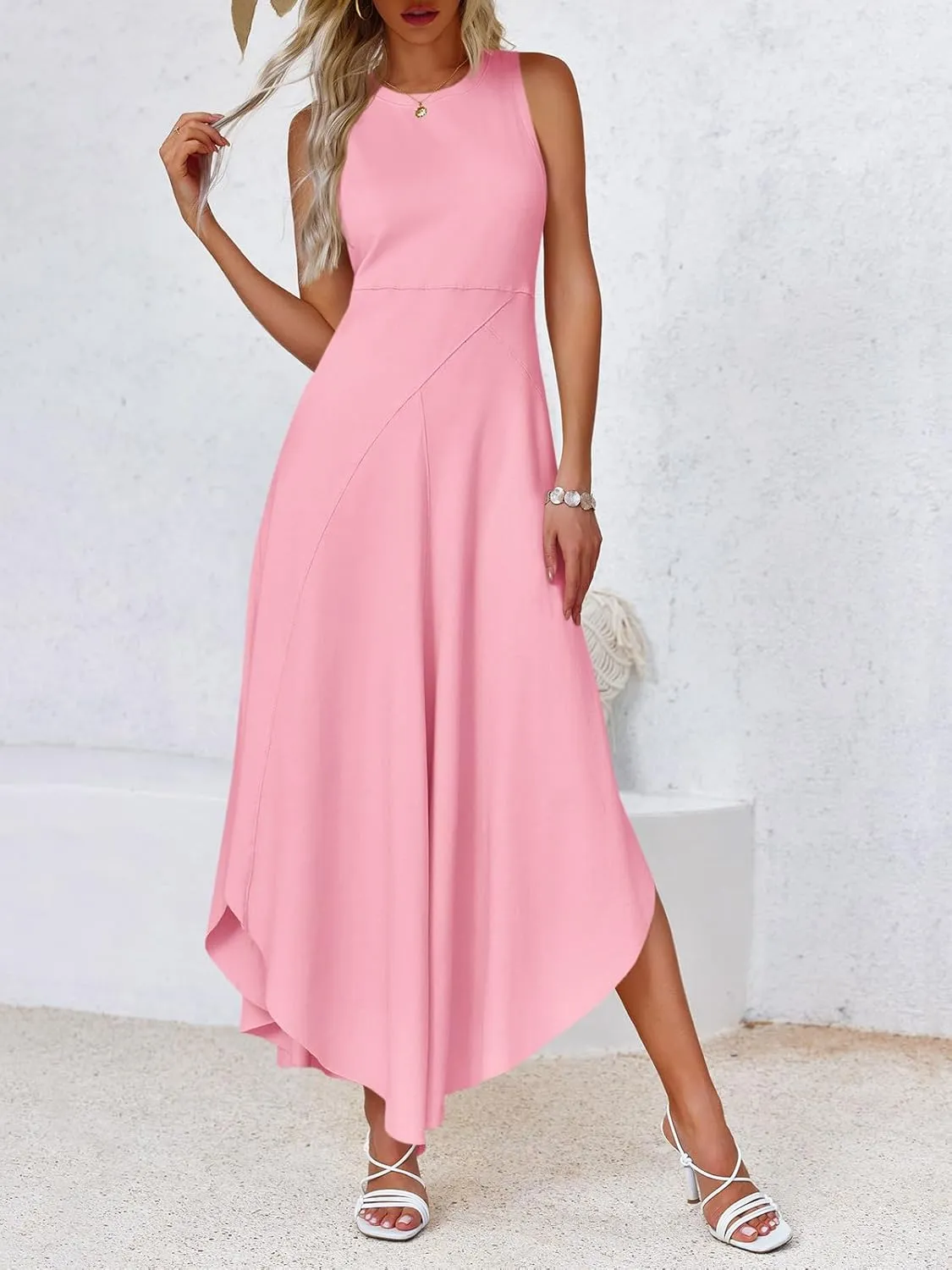Fisoew Womens Summer Sleeveless Maxi Dress Asymmetrical Hem Crew Neck High Waist A Line Flowy Casual Long Beach Dress