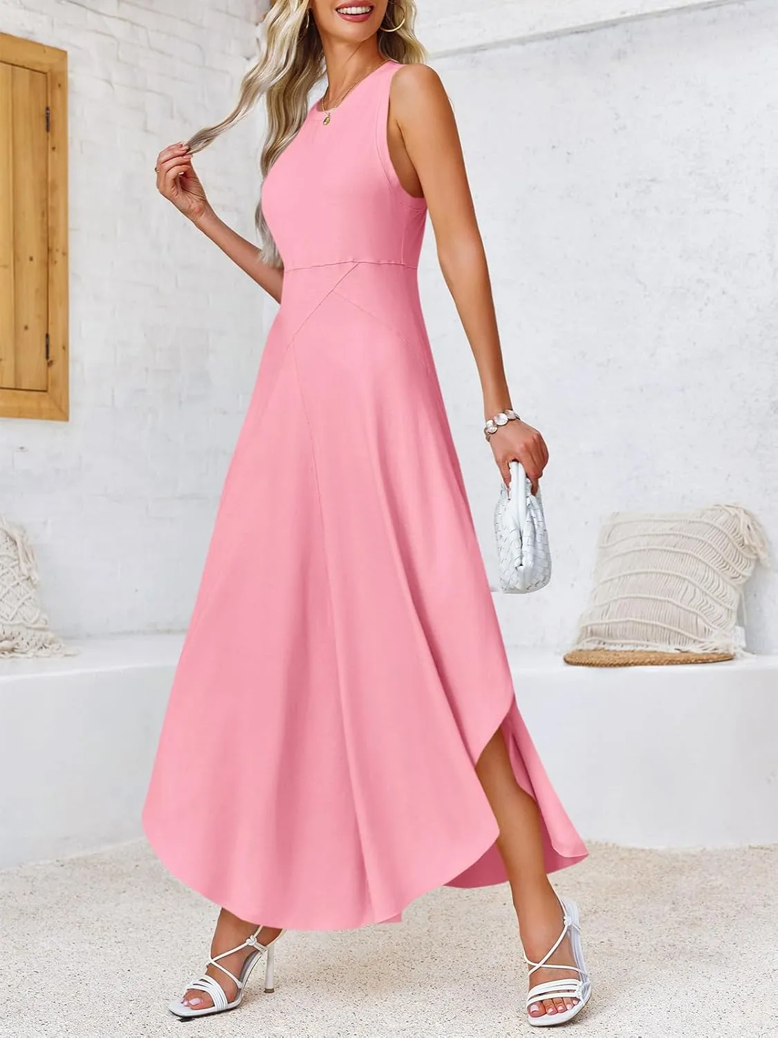 Fisoew Womens Summer Sleeveless Maxi Dress Asymmetrical Hem Crew Neck High Waist A Line Flowy Casual Long Beach Dress