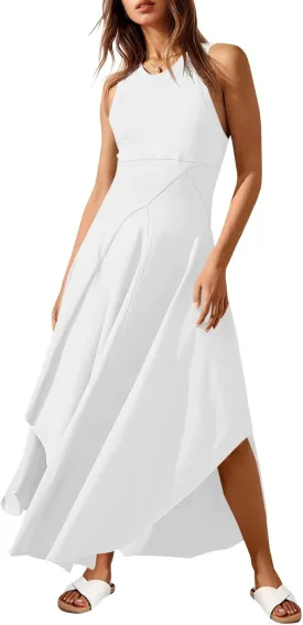 Fisoew Womens Summer Sleeveless Maxi Dress Asymmetrical Hem Crew Neck High Waist A Line Flowy Casual Long Beach Dress