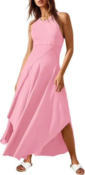 Fisoew Womens Summer Sleeveless Maxi Dress Asymmetrical Hem Crew Neck High Waist A Line Flowy Casual Long Beach Dress