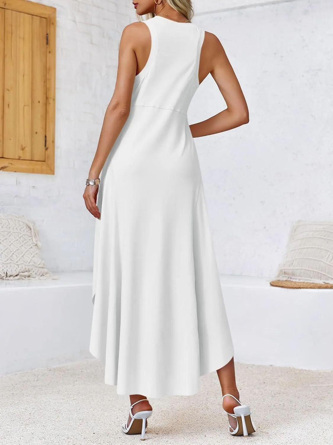 Fisoew Womens Summer Sleeveless Maxi Dress Asymmetrical Hem Crew Neck High Waist A Line Flowy Casual Long Beach Dress