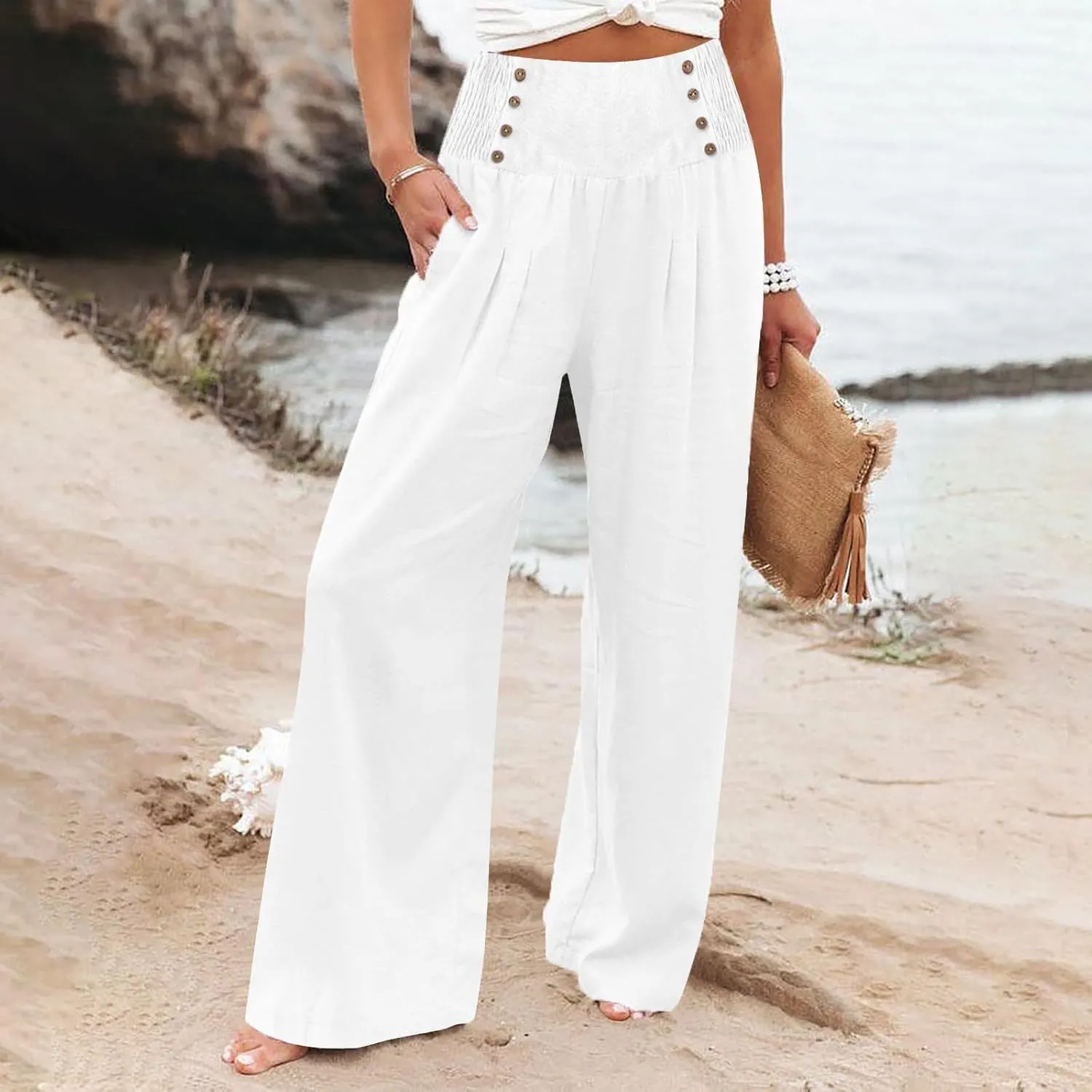 FlekmanArt Linen Wide Leg Pants Women Comfy Flowy High Waisted Beach Palazzo Pants with Pockets 2024