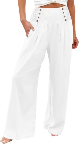 FlekmanArt Linen Wide Leg Pants Women Comfy Flowy High Waisted Beach Palazzo Pants with Pockets 2024