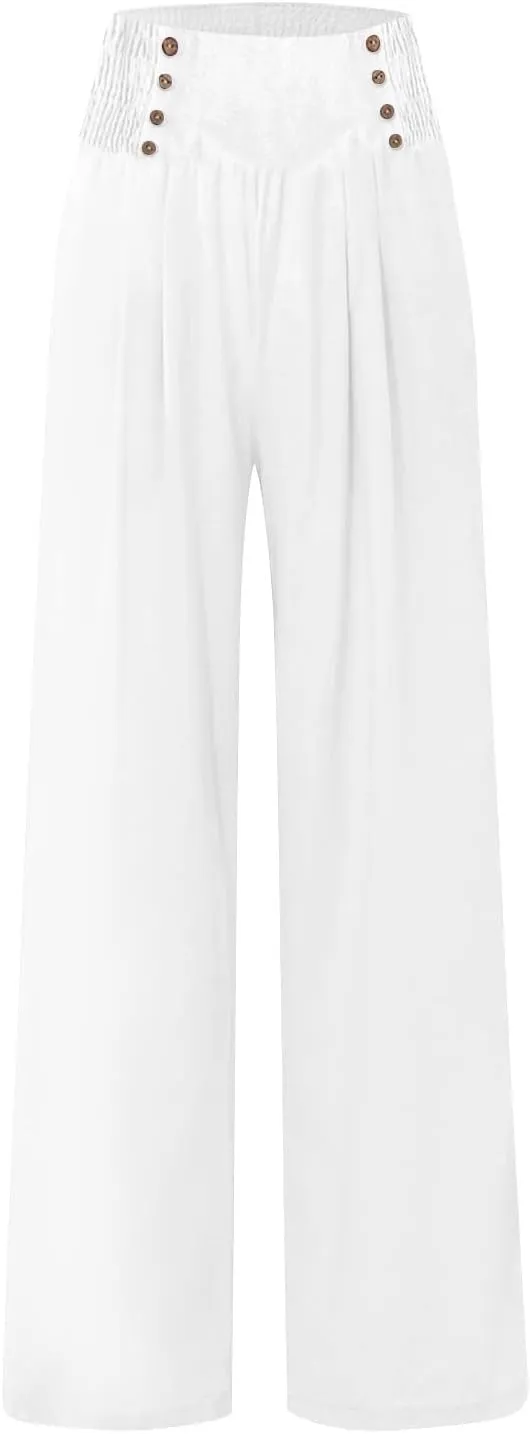 FlekmanArt Linen Wide Leg Pants Women Comfy Flowy High Waisted Beach Palazzo Pants with Pockets 2024