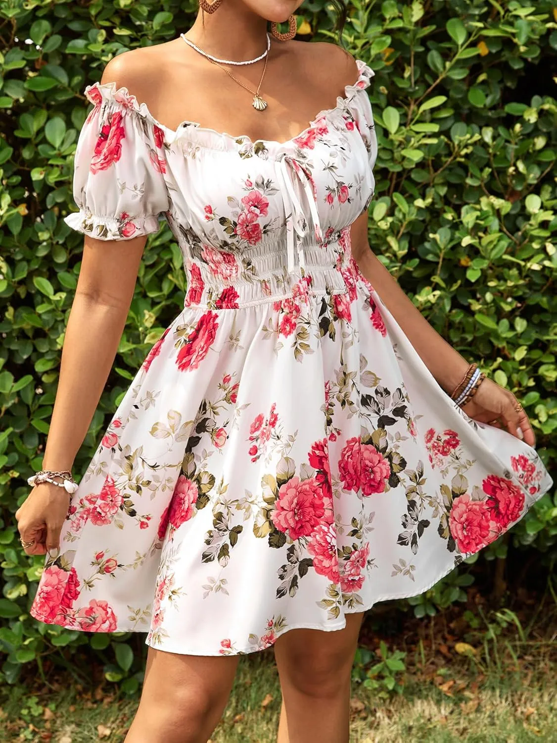 Floerns Women's Floral Print Off Shoulder Ruffle Puff Sleeve Smocked Short Dress