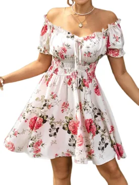 Floerns Women's Floral Print Off Shoulder Ruffle Puff Sleeve Smocked Short Dress
