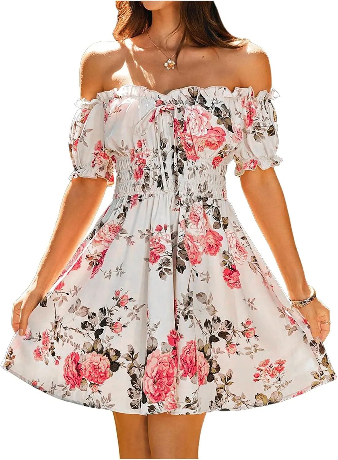 Floerns Women's Floral Print Off Shoulder Ruffle Puff Sleeve Smocked Short Dress